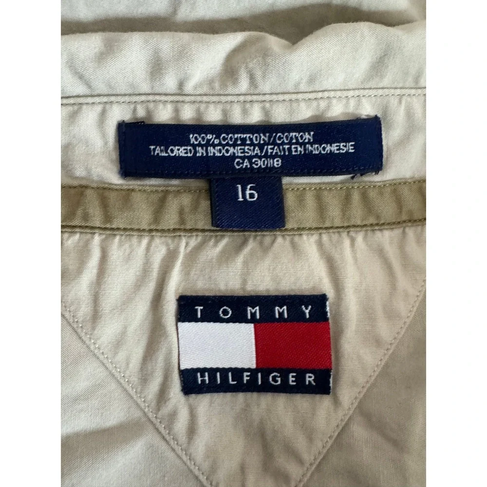 Tommy Hilfiger Mens Beige Short Sleeve Button Up Shirt Size‎ 16 Classic Fit